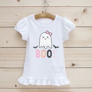 Girls Ruffle Halloween Ghost Shirt in White